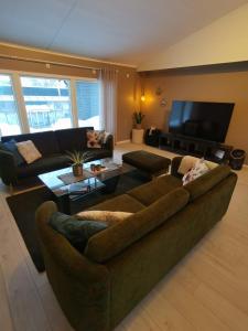 a living room with a couch and a tv at Andenes Sentrum Apartment in Andenes