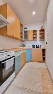 a kitchen with wooden cabinets and blue appliances at Finnem Rentals Zíkova in Prague