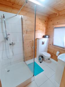 a bathroom with a shower and a toilet at Domek Nad Zatoką in Giżycko