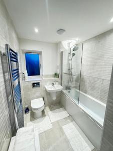 uma casa de banho com um WC, um lavatório e um chuveiro em Whitehouse em Milton Keynes
