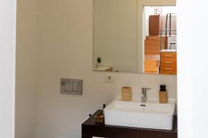 uma casa de banho com um lavatório branco e um espelho. em Moniz Terrace em Guimarães