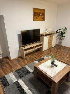 a living room with a flat screen tv and a coffee table at Haus Kampl - Appartement Ödensee in Obersdorf