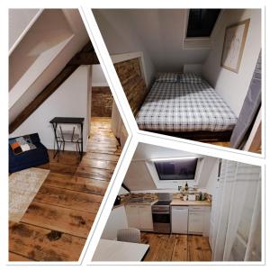 três imagens de um quarto com uma cama e uma cozinha em Atypique et douillet nid em Vougeot