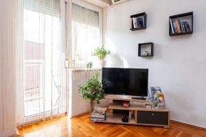 a living room with a flat screen tv on a table at Momo's studio apartment Subotica in Subotica
