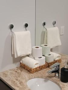 a bathroom with a sink and towels on a counter at Depto de lujo en zona Carmelitas in Asuncion