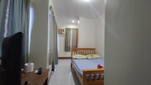 Dormitorio pequeño con cama y TV en R & R (Rest & Relax) Guesthouse en Siquijor