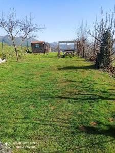 un campo de hierba con un banco y un cobertizo en Alojamiento compartido CanTroncxic en Sant Pere de Torelló