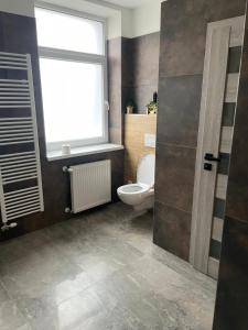 a bathroom with a toilet and a window at Rado Apartments in Svit