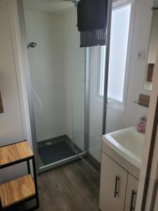 baño con ducha y puerta de cristal en Mobil home 6 personnes, en Saint-Brevin-les-Pins