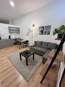a living room with a couch and a table at Apartment Central 10C 40qm Wi-Fi free Parking calm back house in Dortmund