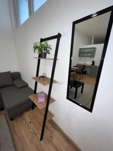 a living room with a mirror and a couch at Apartment Central 10C 40qm Wi-Fi free Parking calm back house in Dortmund