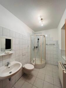 a bathroom with a toilet and a shower and a sink at Tanjas gemütliches Haus am Mondsee in Innerschwand am Mondsee