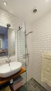 bagno con lavandino e doccia in vetro di ApartmentInCopenhagen Apartment 1590 a Copenaghen