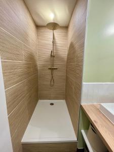 y baño con ducha y paredes de madera. en Le Rêve Ebroïcien, T3 Sur équipé - Gare - centre en Évreux