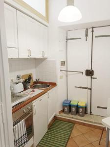 a kitchen with white cabinets and a green rug at appartamento teatro marcello in Rome