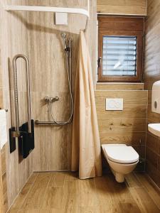 a bathroom with a toilet and a shower at Maison des Sports in Villars-sur-Ollon