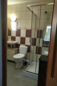 a bathroom with a toilet and a glass shower at Wczasy u Ireny in Lubiatowo