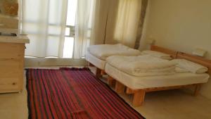 two beds in a room with a rug and a window at Fig tree hotel in Dana