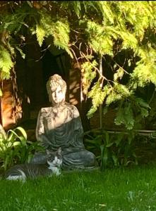 una estatua sentada en la hierba junto a un gato en Garden Budha Relax Apartman, parking, BBQ, terrace, en Siófok