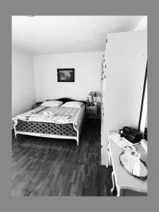 ein schwarz-weißes Foto eines Schlafzimmers mit einem Bett in der Unterkunft Villa Turaida With Sea View in Rogač