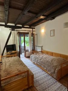 Dŭlbok Dol的住宿－Hadjigabarevata Kashta，一间卧室配有两张床和电视。