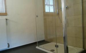 a shower with a glass door in a bathroom at Ferienhaus-Loehndorf in Sinzig