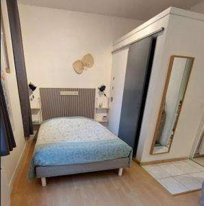 um quarto com uma cama e um espelho grande em LE CISE EAU À bois em Le Bois de Cise
