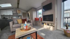ein Wohnzimmer mit einem Sofa und einem TV in der Unterkunft Honeycomb Lodge - Holiday Home 5 min from Padstow in Padstow