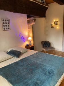 ein Schlafzimmer mit einem großen Bett mit einer blauen Decke in der Unterkunft La nuit de la chouette in Bruniquel