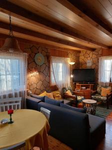 a living room with a blue couch and a tv at Tõnise Holiday Houses in Lilbi