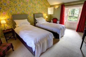 two beds in a room with yellow wallpaper at Ballylagan Organic Farm in Straid