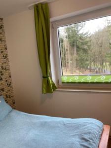 a bedroom with a window with a green curtain at Immensee in Ronshausen