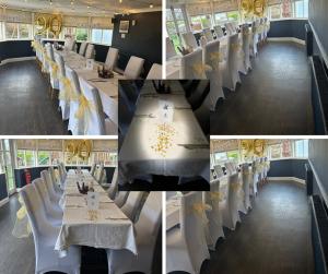 un collage de fotos de un restaurante con mesas y sillas en The Half Moon Inn Rushall IP21 4QD en Pulham Saint Mary the Virgin
