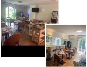 two pictures of a dining room with tables and chairs at Hôtel Ulysse Montpellier Centre in Montpellier