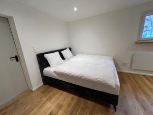 una piccola camera da letto con un letto con due cuscini bianchi di Studio Glishorn Blick a Brig