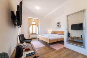 a small bedroom with a bed and a mirror at Bed & breakfast Hugo in Plešivec