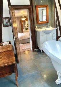 uma casa de banho com uma banheira, um lavatório e um espelho. em EVERGREEN GuestHouse em Vernon