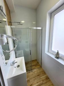 a bathroom with a glass shower and a sink at Apartamenty Dolce Vita in Ostrowo