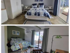 a bedroom with a bed and a room with a window at Karoo Nest - Calitzdorp in Calitzdorp