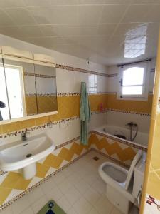 納布勒的住宿－Dar jemaa，浴室配有盥洗盆、卫生间和浴缸。