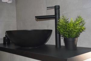 lavabo negro con grifo y planta en Largo apartment in the heart of Diocletian palace en Split