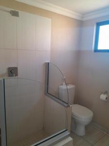 乌平通High Breeze Lodge的带马桶和玻璃淋浴间的浴室