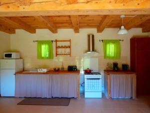 uma grande cozinha com armários verdes e balcões em La petite Palasse em Le Thor