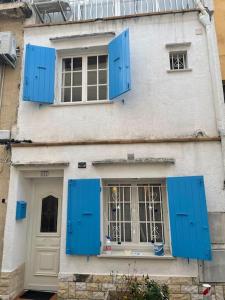 een gebouw met blauwe luiken en een deur bij Rare Maison au centre ville avec terrasse et clim Arles Camargue in Arles