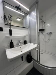 biała łazienka z umywalką i prysznicem w obiekcie Studiowohnung 6 in Buxtehude w mieście Buxtehude