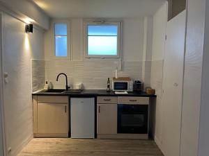 a kitchen with a sink and a microwave at L'éclectique - Appartement 40m2 + Parking in Châteauroux