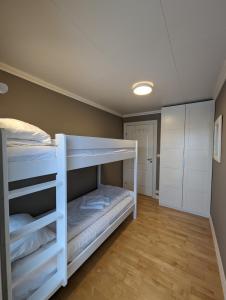 a bedroom with two bunk beds and a closet at Sea & Mountain View Apartment Tromsø in Tromsø