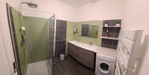 a bathroom with a shower and a sink and a washing machine at COCOONING TIME in Prenois