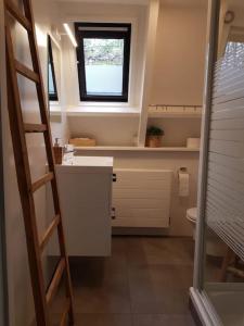 ein Bad mit einem Waschbecken, einem WC und einem Fenster in der Unterkunft Vakantiehuisje familytime - Chalet 122 in Durbuy