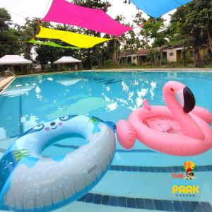 two inflatable flamingos in a swimming pool at The Beach Park Hadsan in Lapu Lapu City